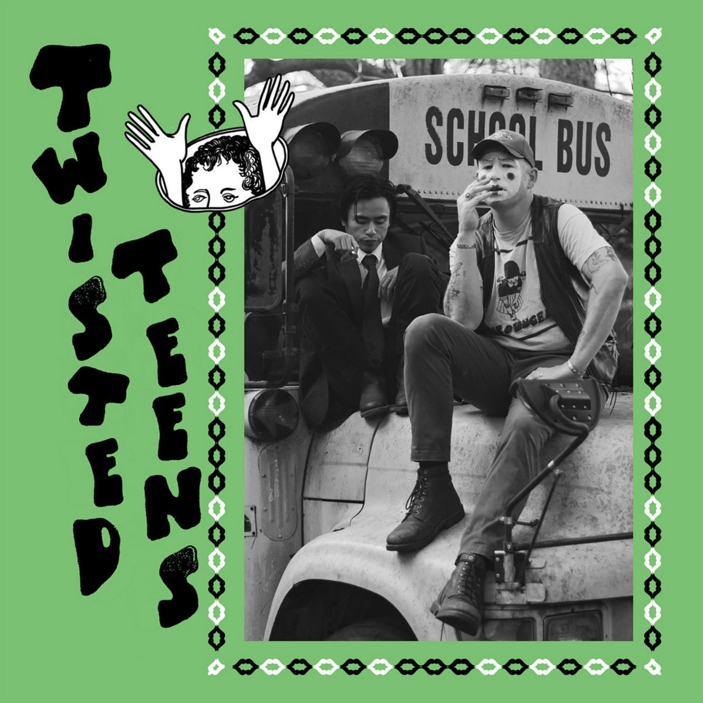 Album cover with 'Twisted Teens' text, two people on a school bus, and a green border.