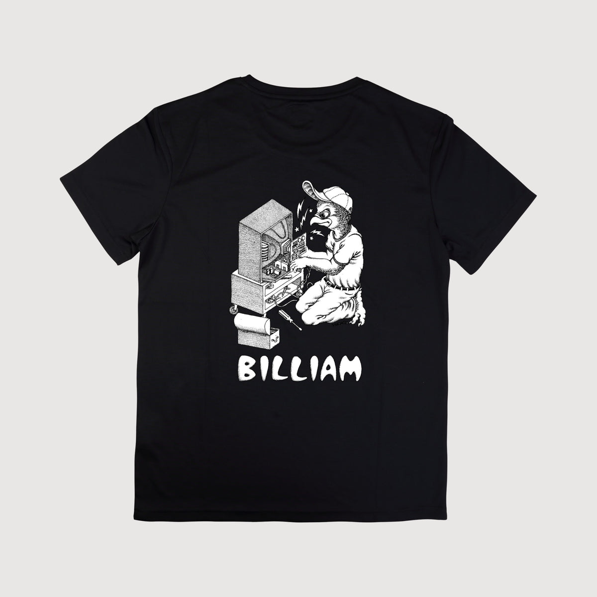 A black short-sleeve t-shirt with a white graphic print of a character sitting in front of a computer and the name 'BILLIAM' printed below, displayed on a light gray background.