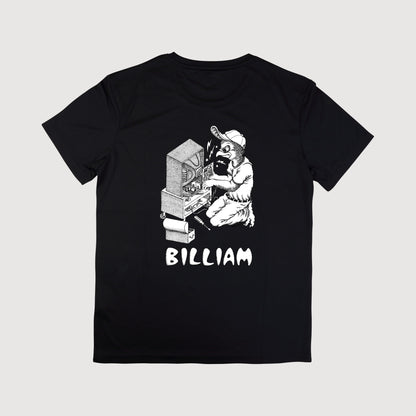 A black short-sleeve t-shirt with a white graphic print of a character sitting in front of a computer and the name 'BILLIAM' printed below, displayed on a light gray background.