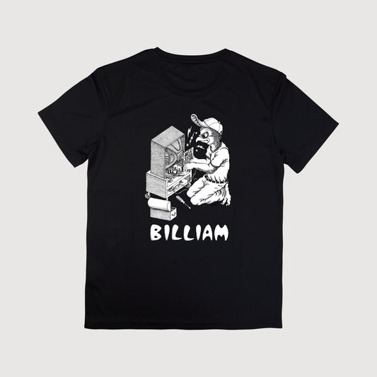 A black short-sleeve t-shirt with a white graphic print of a character sitting in front of a computer and the name 'BILLIAM' printed below, displayed on a light gray background.