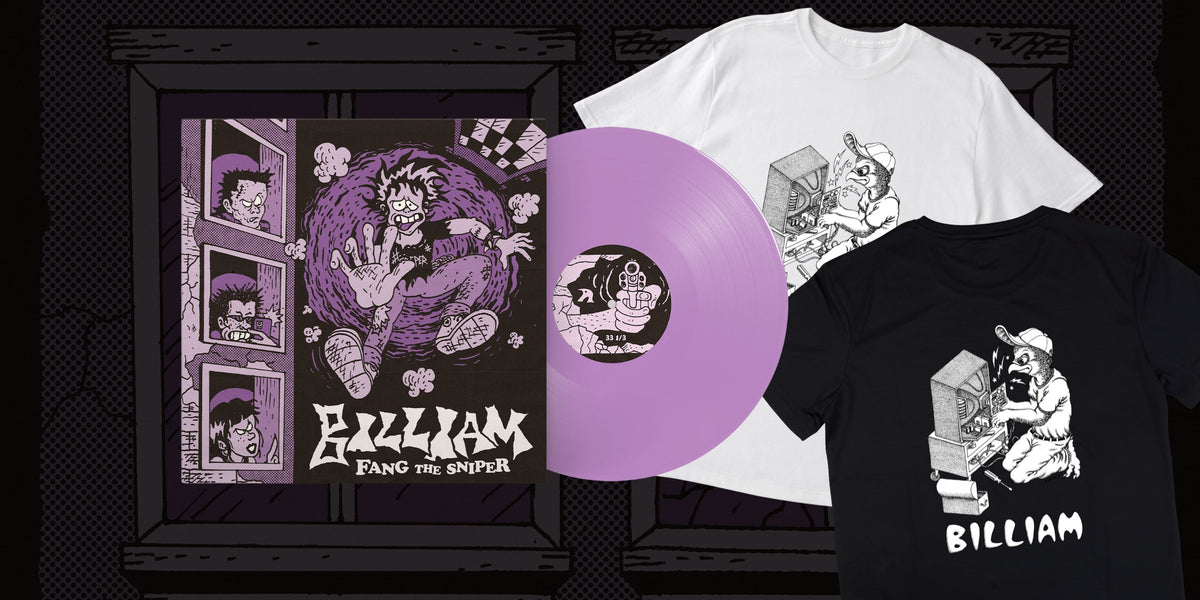 A music merchandise set featuring a purple vinyl record, a white graphic T-shirt, and a black graphic T-shirt with the text 'BILLIAM' and a cartoon illustration, arranged around a framed album cover with the title 'BILLYRAM FANG THE SNIPER.'.