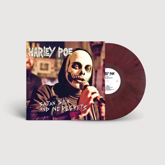 Harley Poe 'Satan, Sex and No Regrets' vinyl record with its illustrated sleeve, featuring a maroon translucent record partially pulled from the cover on a light gray background.