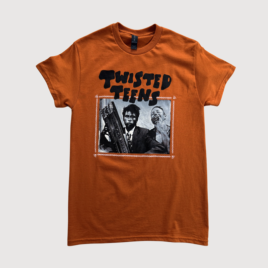 Twisted teens album cover on orange tee shirt