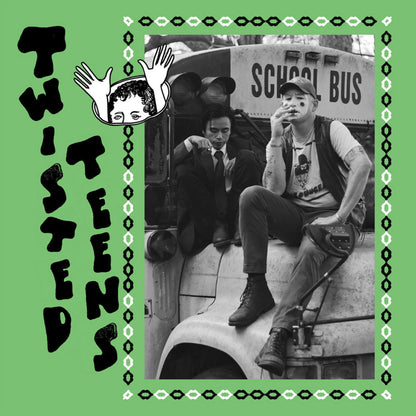 Album cover with 'Twisted Teens' text, two people on a school bus, and a green border.