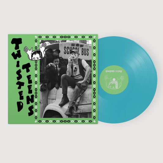 Vinyl record with a green cover featuring text and a black and white photo of a person on a school bus.