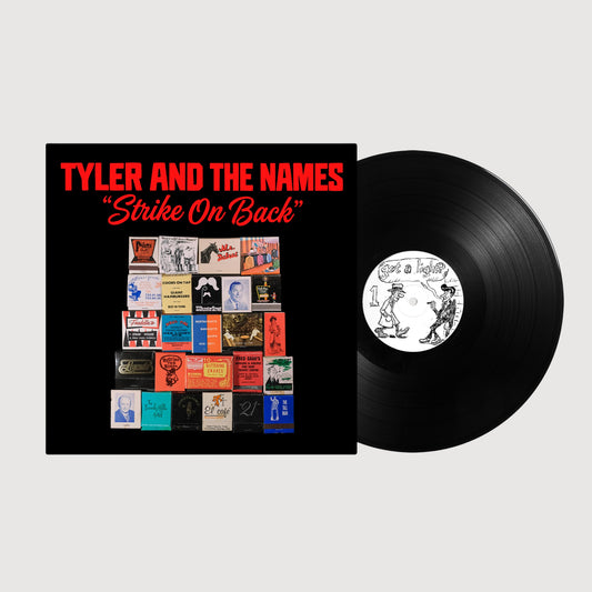 A vinyl record and its album cover for 'Tyler and the Names - Strike On Back' displayed on a light gray background. The cover features bold red and white text above a collage of colorful album art, and the black vinyl record has a white center label with a black-and-white illustration.