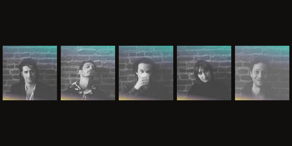 A black square graphic featuring five narrow vertical panels side by side, each showing a different person in a monochrome portrait against a brick wall with a teal-to-yellow gradient at the top and bottom.